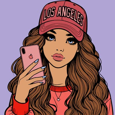 realistic beautiful girl wearing los ángeles cap holding an iphone