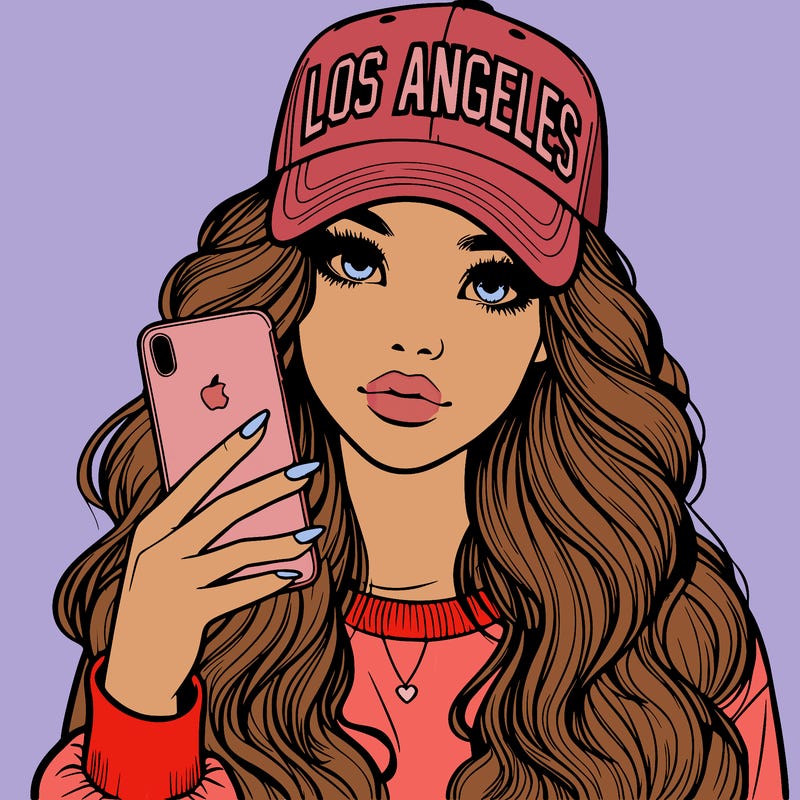 realistic beautiful girl wearing los ángeles cap holding an iphone