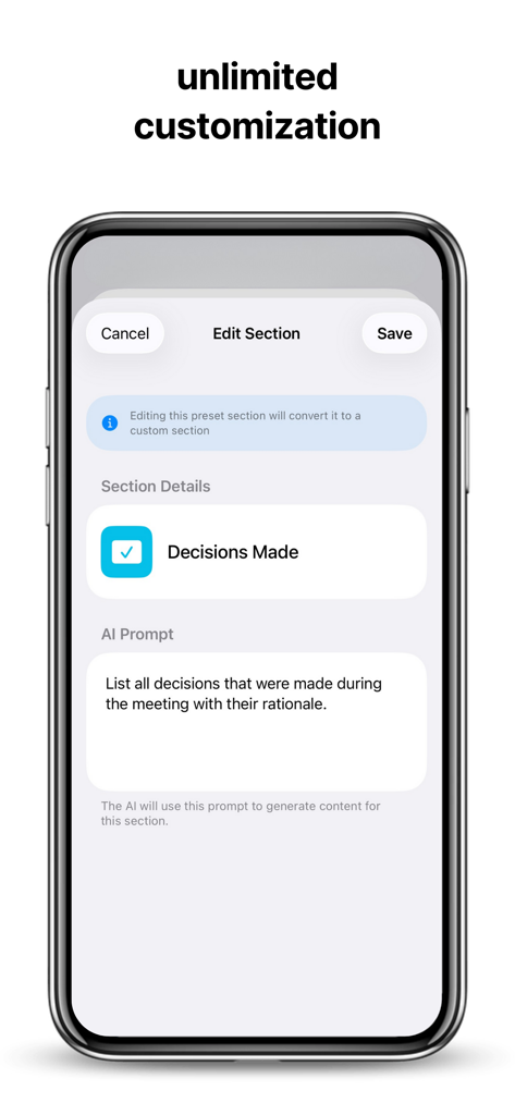 Wiz Note AI: Smart Notes - Interfaz de Wiz Note AI que muestra la edición de prompts personalizados de IA para notas inteligentes.
