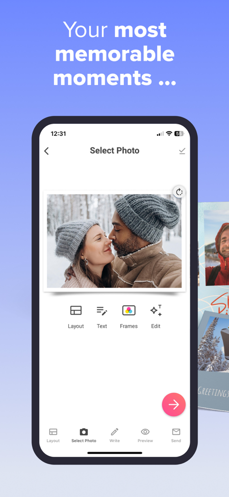 Écran de smartphone affichant l'interface de sélection et d'édition de photos de l'application MyPostcard.