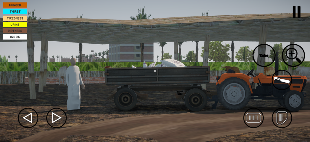 Egyptian Life - Gameplay screenshot of Egyptian Life showing a character in a traditional robe next to an orange tractor and trailer.