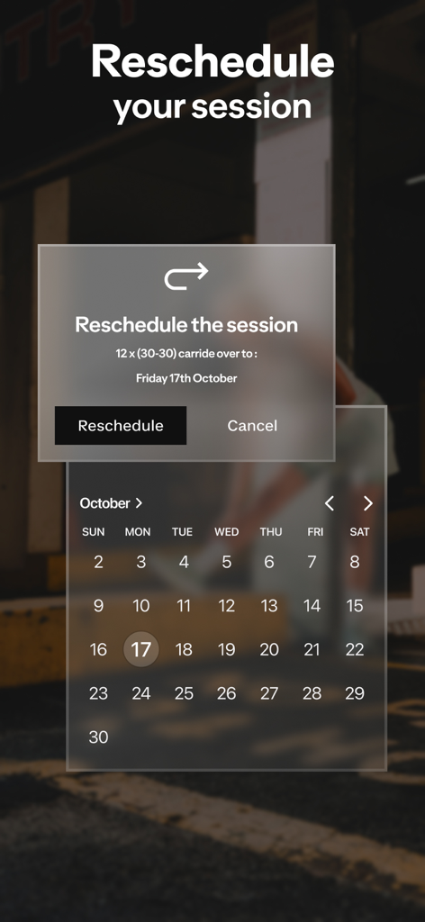 Kiprun Pacer Running - A mobile screen interface for rescheduling a running session on a calendar within the Kiprun Pacer app