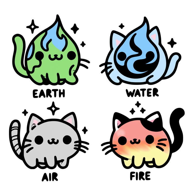 4 cats that represent the different elements, earth, water, air, and fire