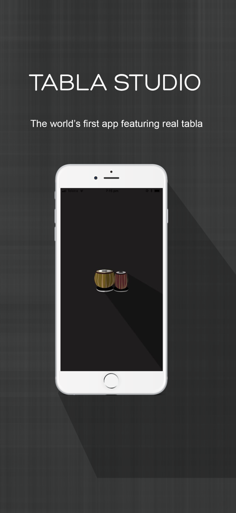 Tabla Studio - Tabla Studio app introduction screen showing a pair of tabla drums on a mobile device