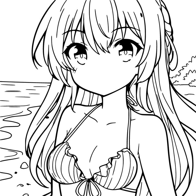 anime girl in a swimsuit at the beach