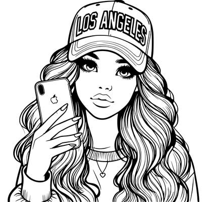 realistic beautiful girl wearing los ángeles cap holding an iphone