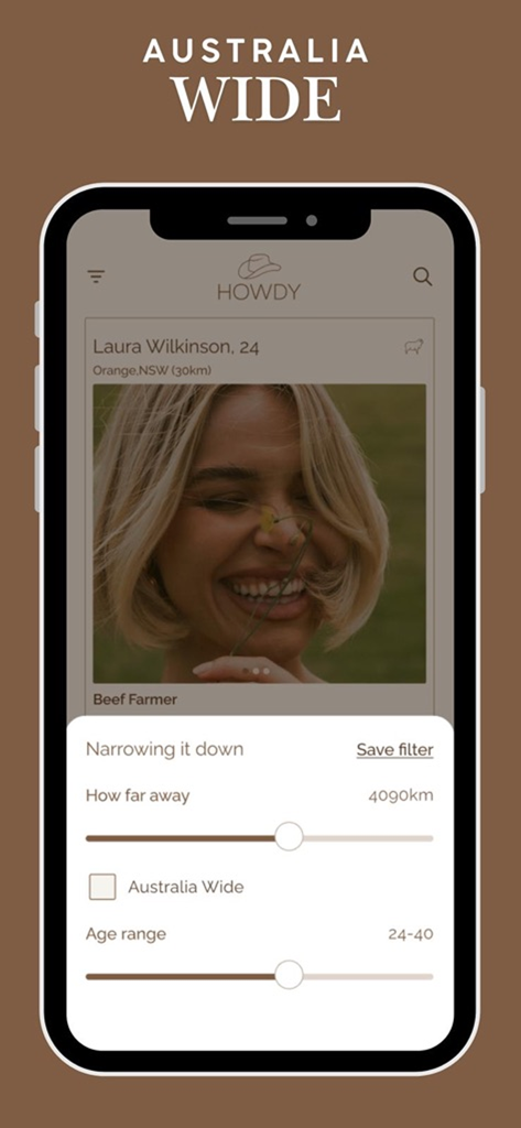 Howdy Global - Interfaz de la app Howdy Global que muestra filtros de ubicación y edad para citas rurales