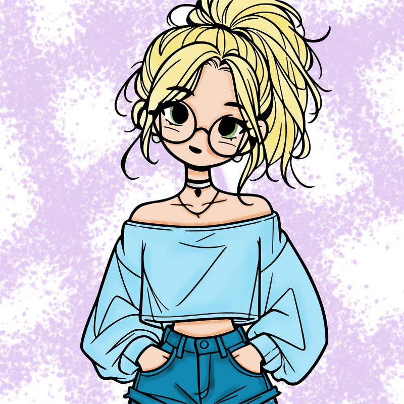 girl with a messy ponytail glasses a baggy crop top and jean shorts