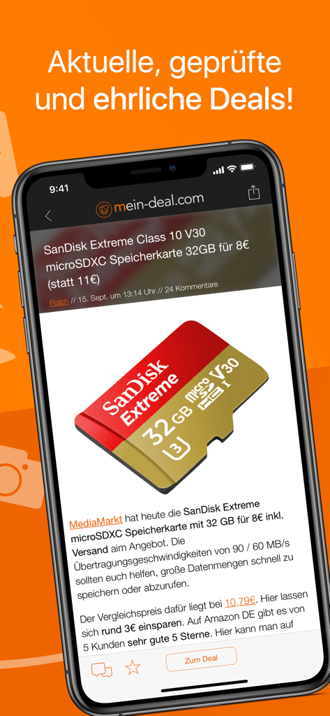 SanDisk microSDカードの検証済み割引オファーが表示されているMein Dealモバイルアプリ