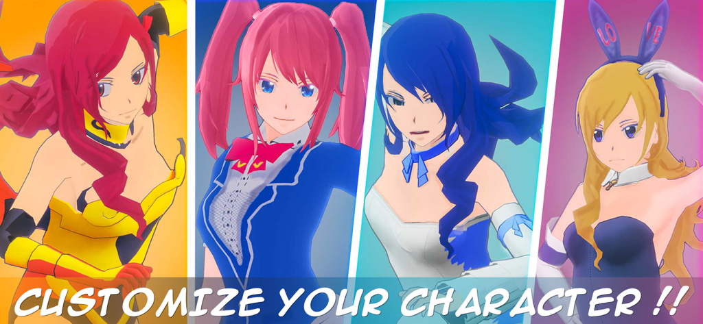 Cuatro chicas de anime diferentes mostrando opciones de personalización