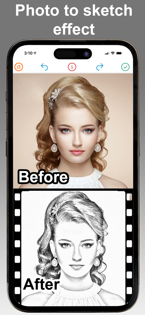 Turn Photo To Picture Coloring - Un confronto affiancato prima e dopo di un ritratto trasformato in uno schizzo a matita