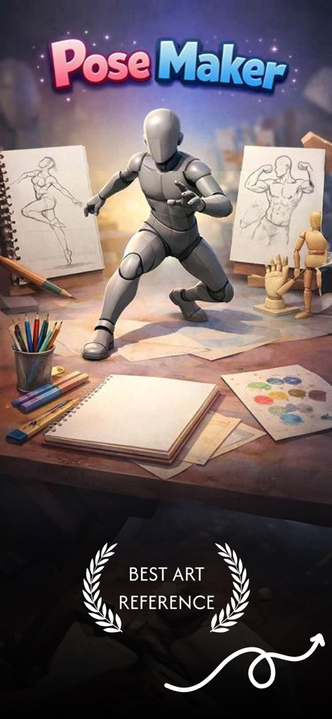 Pose Maker: 3D Art Reference - Maniquí gris 3D en una pose dinámica sobre un escritorio de artista para referencia de dibujo