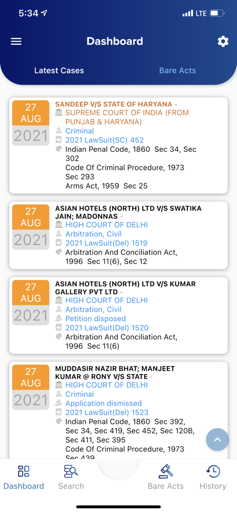 Lawsuit The Unique Case Finder - Dashboard showing latest legal cases from the Supreme Court and High Courts of India