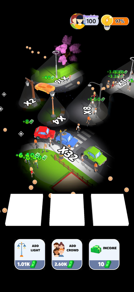 City Lights 3D - Vue de gameplay 3D en plongée d'une ville sombre en cours d'illumination par des lampadaires avec des voitures et des piétons