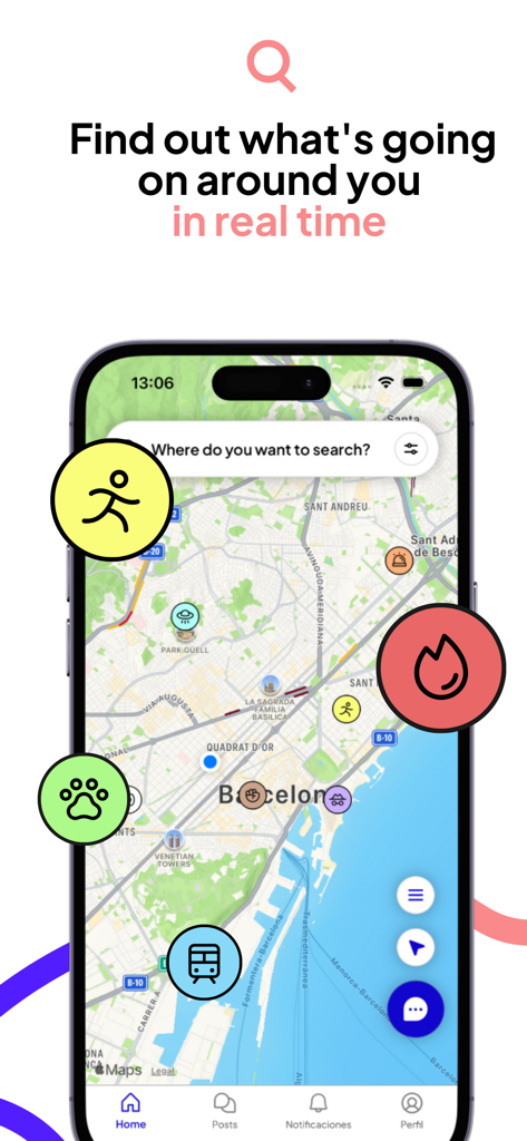 Hoople - Hoople app smartphone screen displaying a real-time incident map of a city with neighborhood safety and event icons