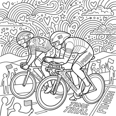 Gear up for an exciting coloring challenge featuring time trial cyclists celebrating Pride Month! This dynamic scene is filled with symbols of love and diversity, perfect for expressing your creativity.