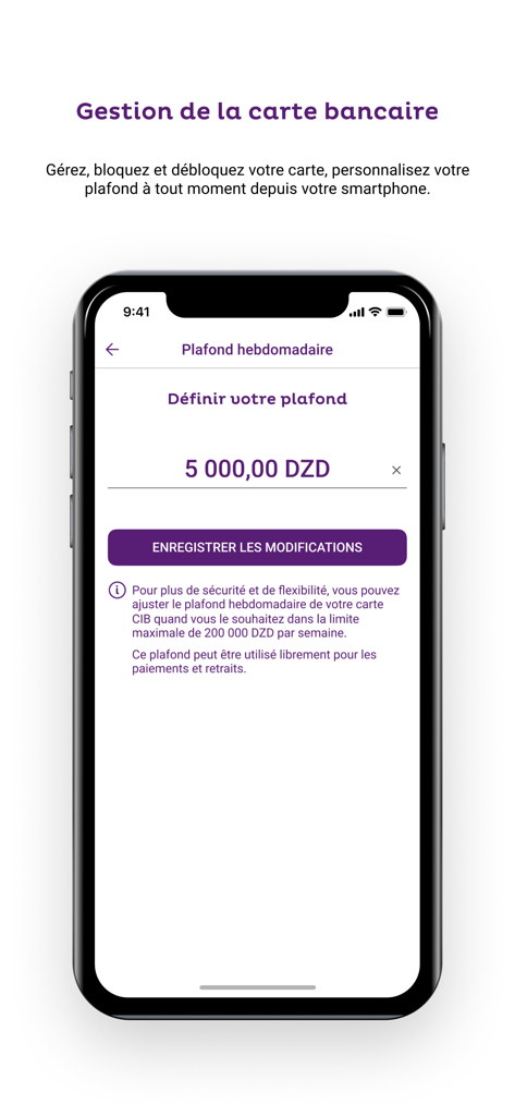 Banxy mobile app screen showing bank card management and weekly spending limit settings in Algerian Dinars