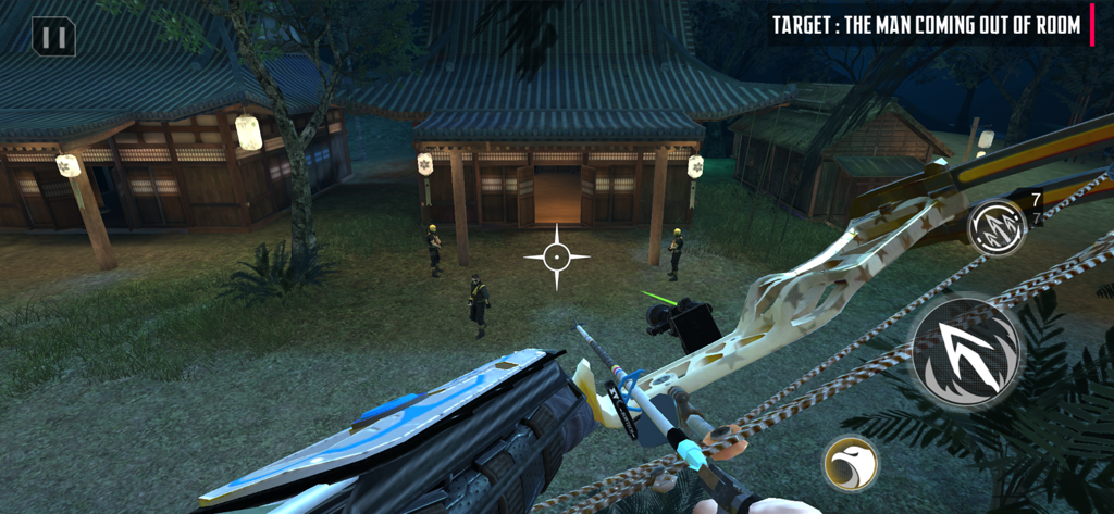 A first-person view of a ninja aiming a bow at guards in a Japanese-style temple courtyard at night.