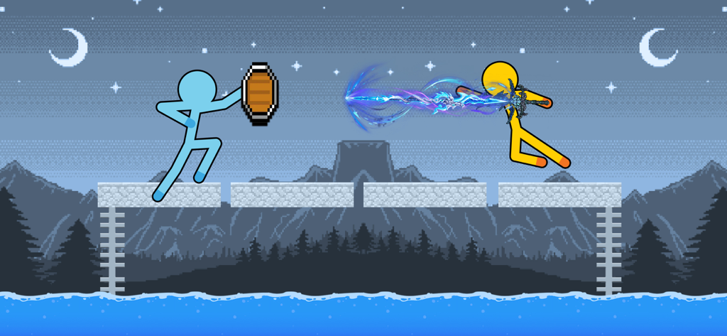 Supreme Stickman Craft Fight - A blue stickman with a shield battles a yellow stickman using a magical glowing sword on a block platform at night