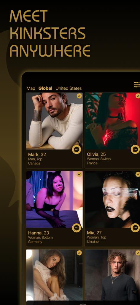 Global discovery screen of the KINK People app showing user profiles with roles and locations
