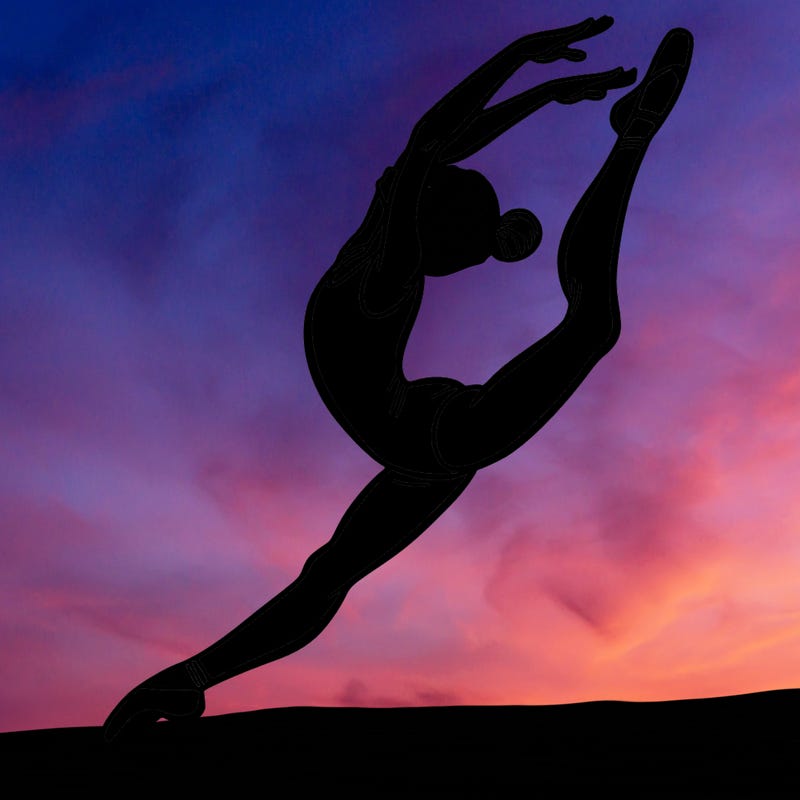 gymnast doing a leap in a leotard with a bent back leg