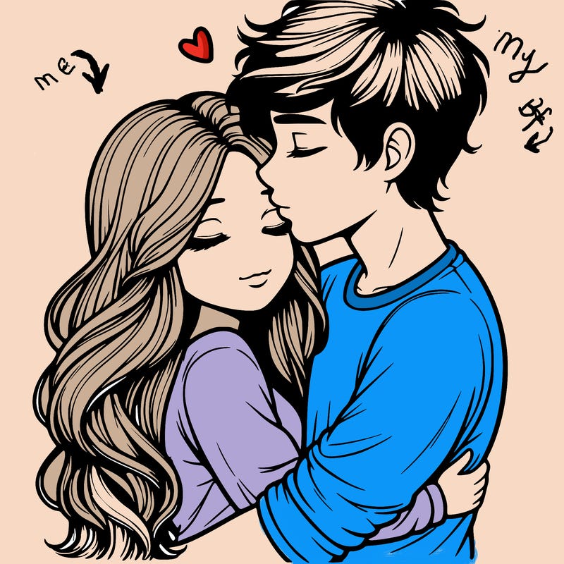 a realistic couple boy and girl hugging and kissing