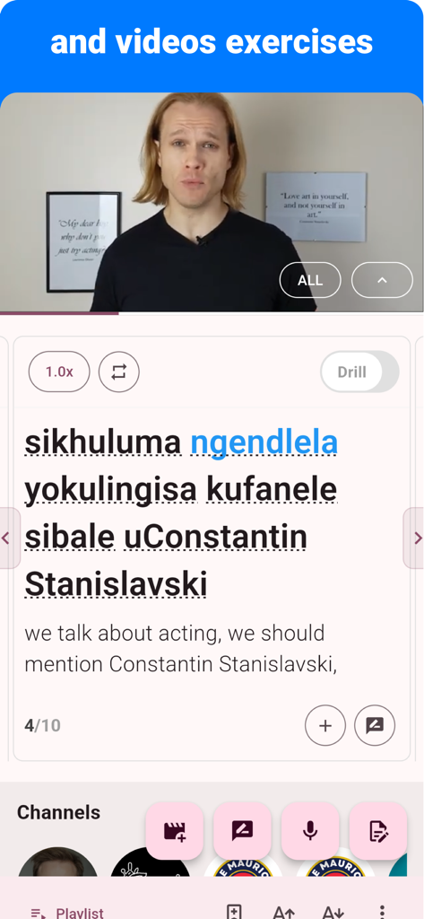 Zulu - Listening Speaking - Interface of the Zulu learning app showing a video lesson with native speaker and bilingual subtitles