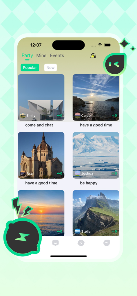 Hapoo Star - Hapoo Star app interface showing the Party tab with multiple live audio chat rooms categorized by user and theme.