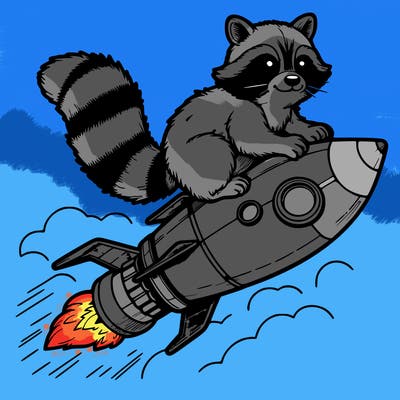 realistic raccoon flying on top rocket ship