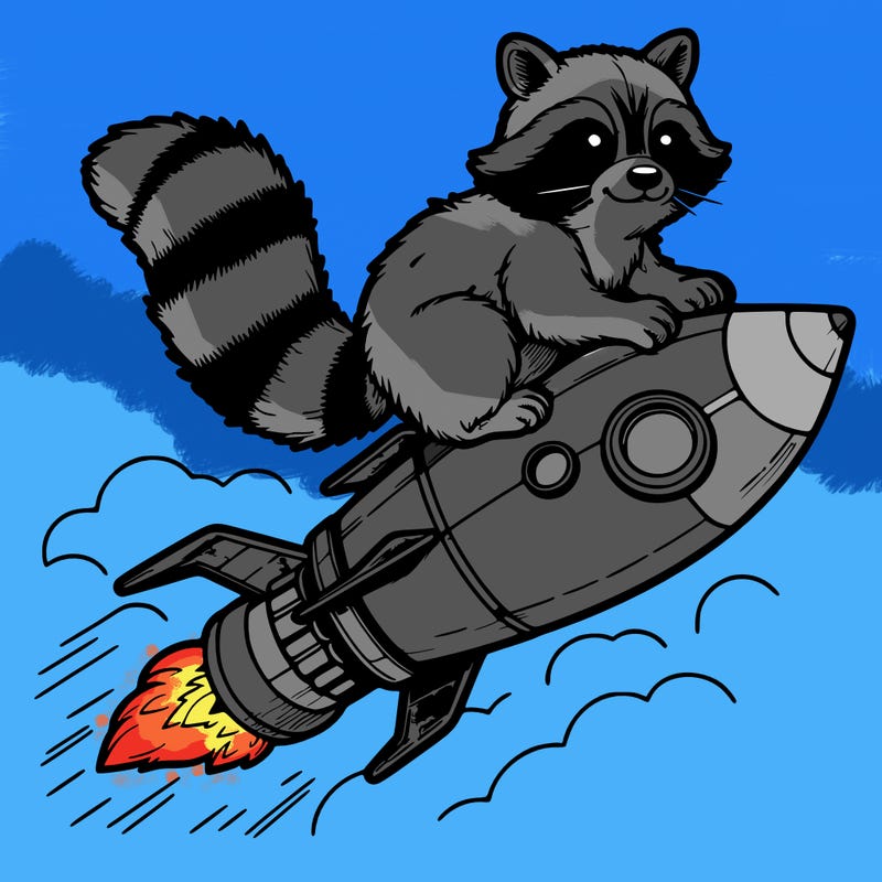 realistic raccoon flying on top rocket ship