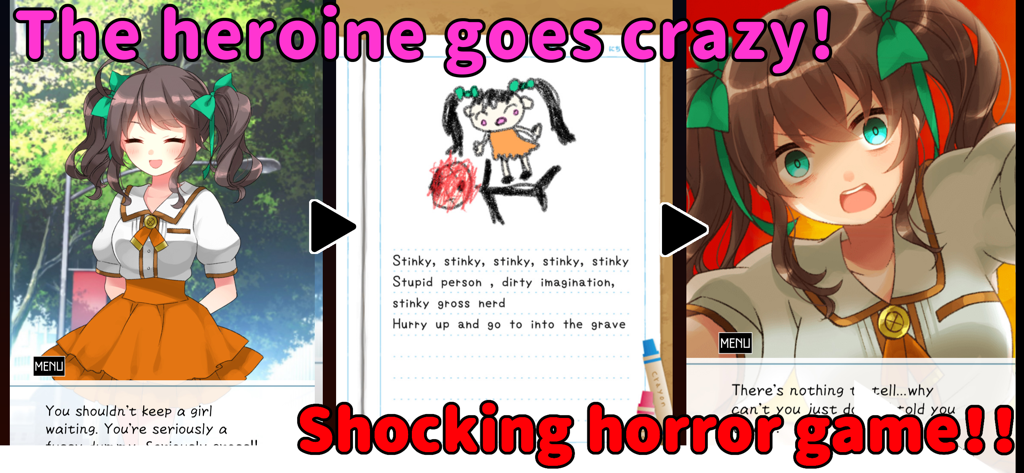 Utsuro’s diary (Full version) - Eine Sequenz von drei Panels, die zeigen, wie sich eine weibliche Figur in einer psychologischen Horror-Visual-Novel von freundlich zu verrückt verändert.