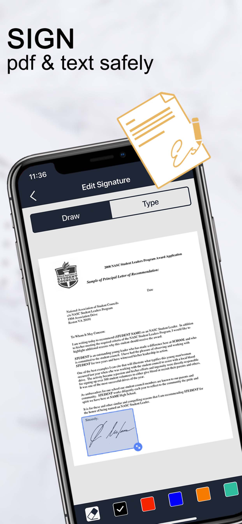 iPhone-Bildschirm, der die Funktion für digitale Signaturen auf einem PDF-Dokument innerhalb der Scanner-App zeigt