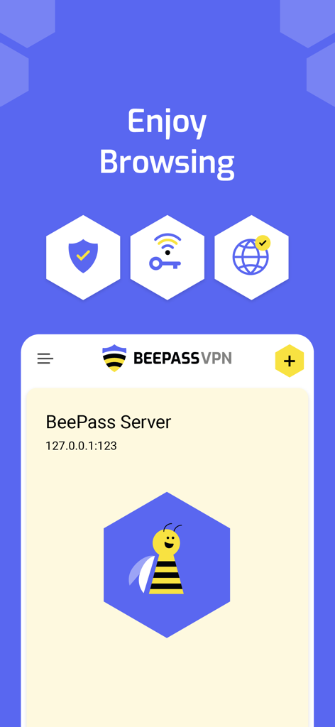 BeePass VPN app screenshot displaying the Enjoy Browsing screen with server details and security status icons