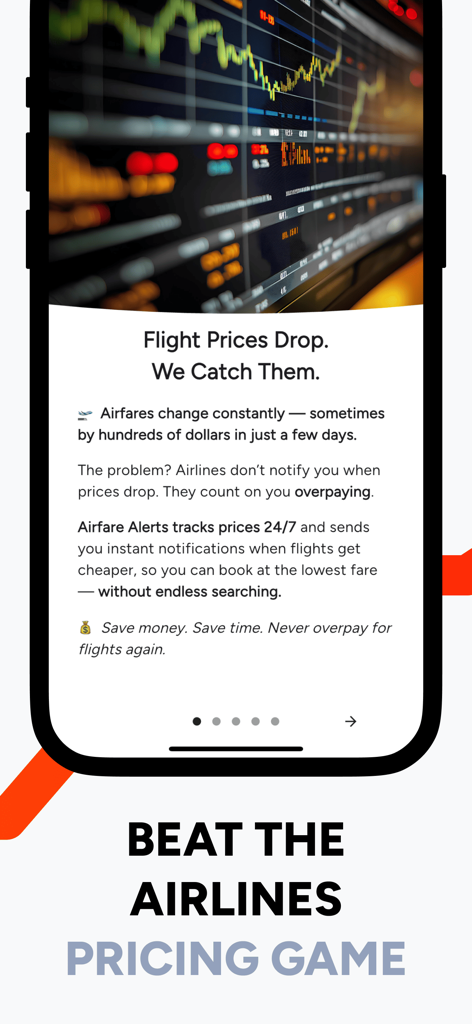 Tela de integração do aplicativo Alertas de Passagens Aéreas com texto sobre rastreamento de quedas de preços de voos e superação do jogo de preços das companhias aéreas.