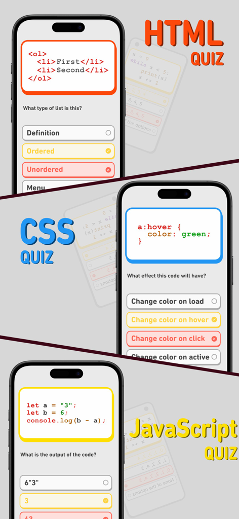 Html Css JavaScript Quiz - Schermate dell'app mobile che mostrano quiz di codifica HTML, CSS e JavaScript