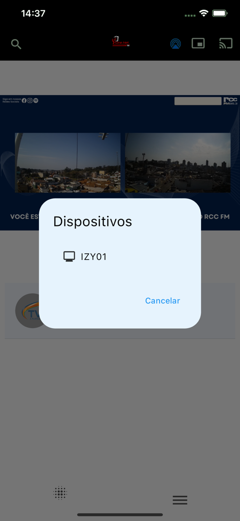 Cine Net TV app displaying a device selection pop-up menu in Portuguese