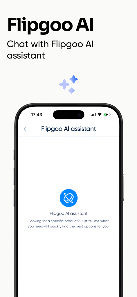 Flipgoo - Buy & Sell - Smartphone screen displaying the Flipgoo AI assistant chat interface designed to help users find specific products.