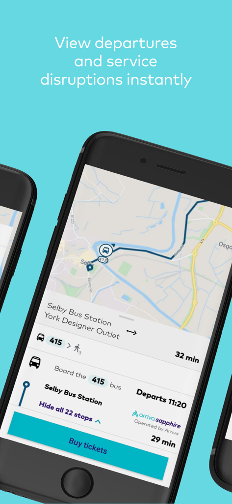 Arriva bus app interface showing a bus route map and live departure times for the 415 bus route