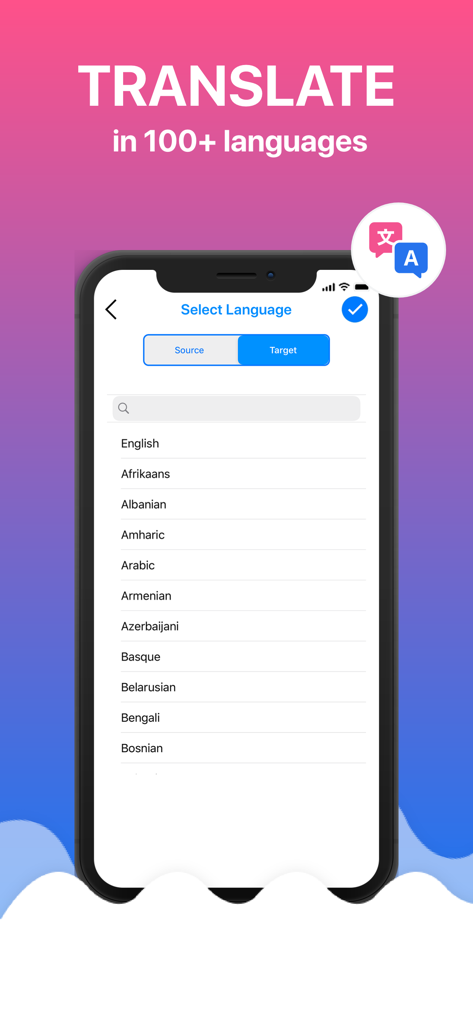 Translator App: All Language - 모바일 앱 인터페이스에서 번역을 위해 지원되는 100개 이상의 언어 목록을 보여줍니다.