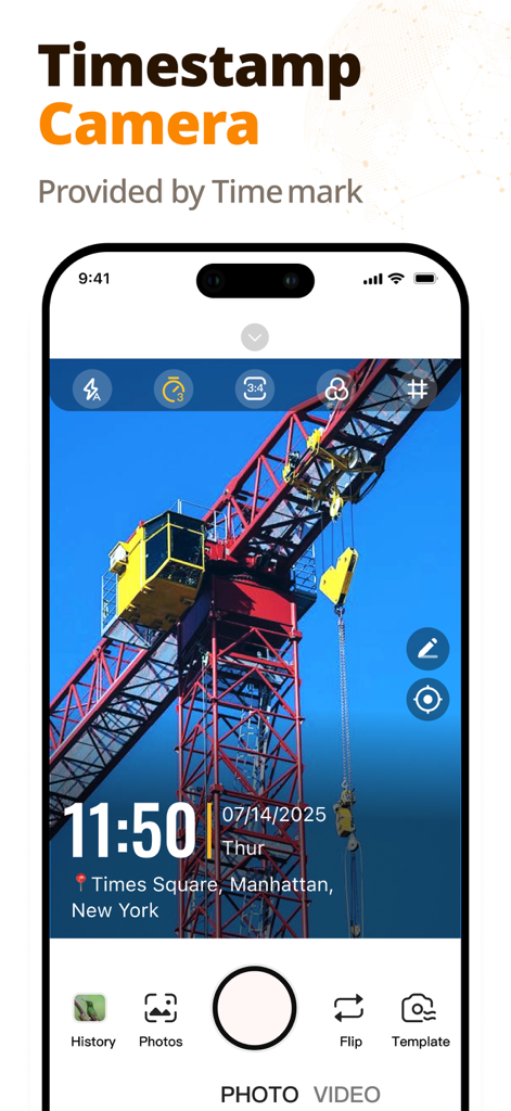 Timestamp Camera Photo&Video - Interface de l'application Timestamp Camera montrant une photo d'une grue avec un filigrane d'heure, de date et de localisation