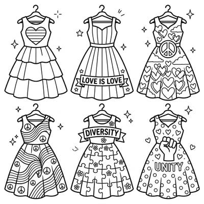 Unleash your creativity with these stunning A-line dresses, each adorned with symbols of Pride. Perfect for celebrating love, diversity, and unity through the joyful art of coloring.
