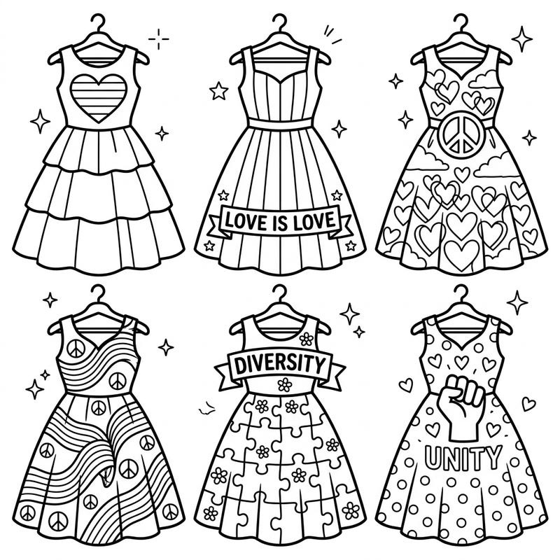 Unleash your creativity with these stunning A-line dresses, each adorned with symbols of Pride. Perfect for celebrating love, diversity, and unity through the joyful art of coloring.