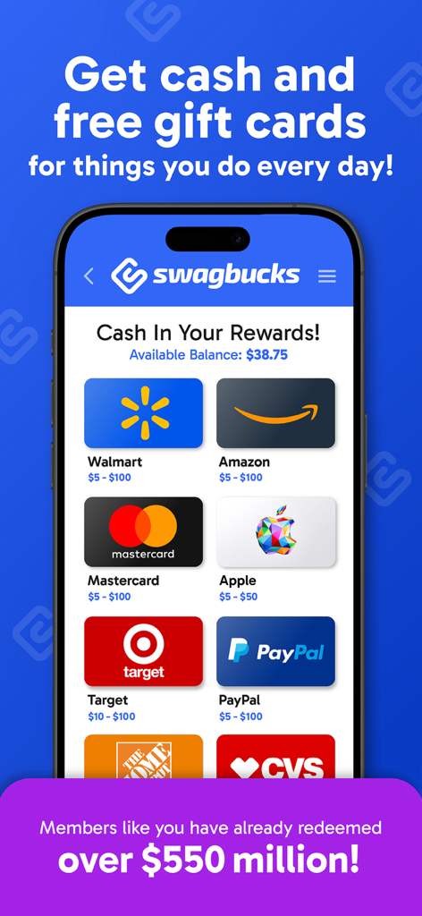 Swagbucks app screen showing gift card reward options for Walmart Amazon and PayPal