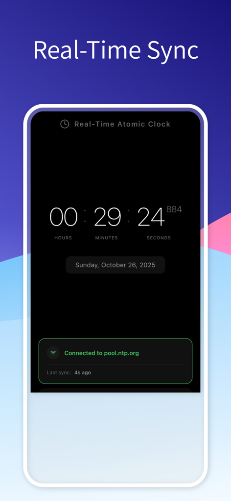 Real-Time Atomic Clock app displaying precise time with milliseconds and NTP server connection status