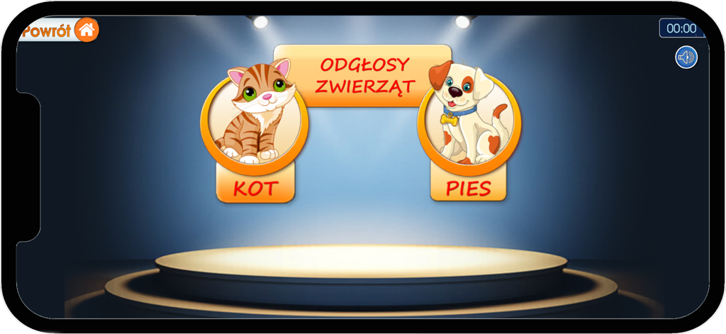 Kreatywny Brzdąc 01 - Kreatywny Brzdąc educational app screen showing animal sounds activity with cartoon cat and dog