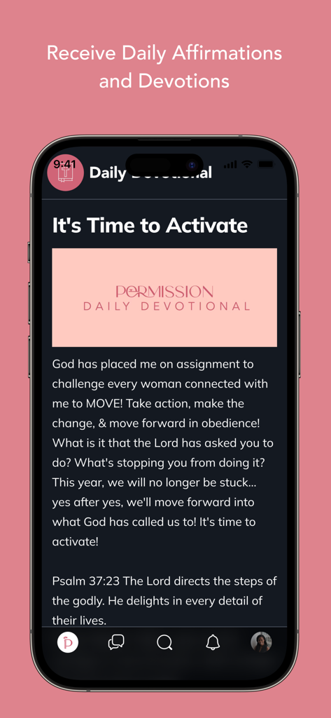 Permission - Dr. Jackie Greene - A mobile app screen for Permission by Dr. Jackie Greene showing a daily devotional titled Its Time to Activate with faith based text and a Bible verse.