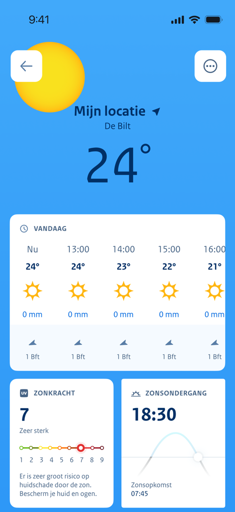 Screenshot of the KNMI Weer app displaying a 24 degree sunny forecast with hourly details UV index and sunset information
