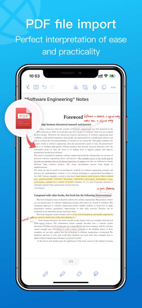 Notehot - notes&voice text - Pantalla de iPhone que muestra la función de la aplicación Notehot para importar archivos PDF con anotaciones escritas a mano sobre notas de ingeniería de software