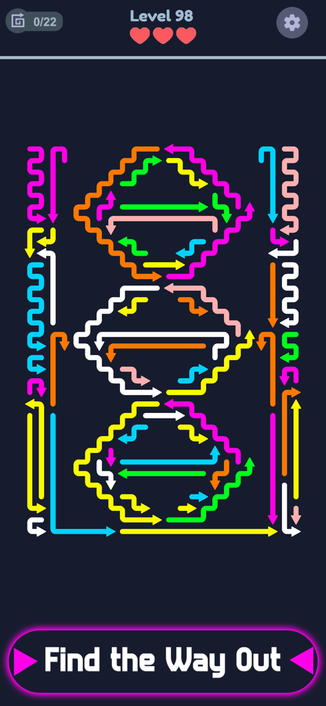 Arrow Escape: Maze Puzzle - Un nivel de juego móvil con una disposición compleja de flechas de neón de colores en un laberinto de lógica