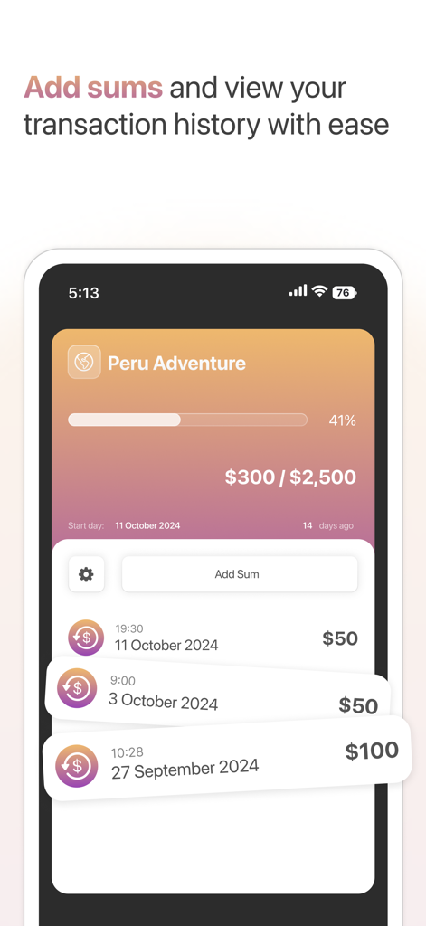 Goal Tracker: Save & Budget - Transaction history and progress bar for a savings goal in the Goal Tracker app